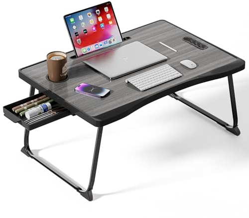 Warmiehomy Laptop Bed Table, Portable Laptop Desk with Handle, Foldable Laptop table with Desktop Card/Cup Slot, Side Drawer for Sofa, Notebook Stand Foldable Tray for Eating Reading Working(Black)