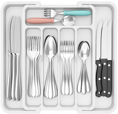 Lifewit Silverware - Organizer per cassetti, espandibile, senza BPA, per cucina, posate e posate, regolabile, per cucchiai, forchette, coltelli, organizer da cucina in plastica, colore: bianco