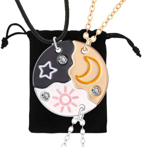 VURYAPI 3 Stück Collier d Amitie für 3 Mädchen, Collier Best Friends, Collier BFF für 3 Femme Argent Noir oder Cristal Collier Soleil Lune Pendentif für Soeur Friend Cadeau Anniversaire
