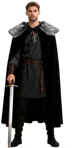 keland Cape Velours Noir avec Col Fausse Fourrure Viking Détachable Cape Médiévale en Fourrure