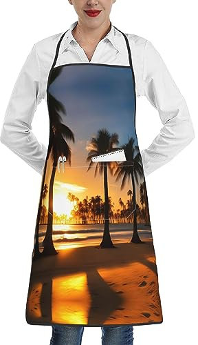 Lrtyuasq Kochschürze mit Strand-Sonnenaufgang und beleuchteten Palmen, bedruckte Kochschürze mit Taschen, weich, spritzwassergeschützt, Küchenbegleiter, Strand-Sonnenaufgang und Palmen mit