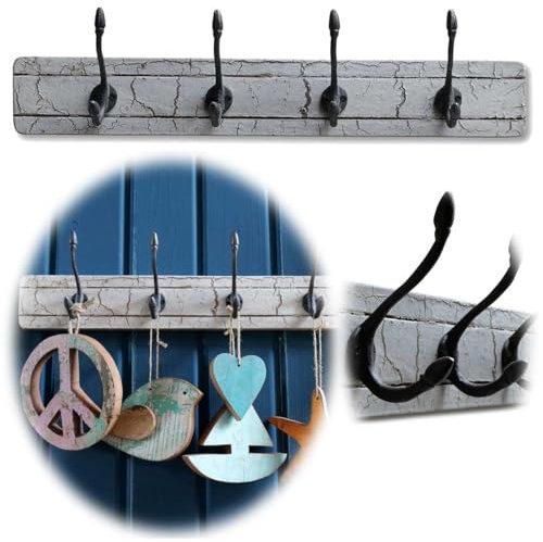 LS-LebenStil Vintage Wandgarderobe Dehli - Teak Holz - Crackle Weiß - 60x9x2cm - 4-fach Garderobenleiste Doppelhaken - Stabile Gusseisen Garderobenhaken Kleiderhaken Hakenleiste Mäntel Jacken