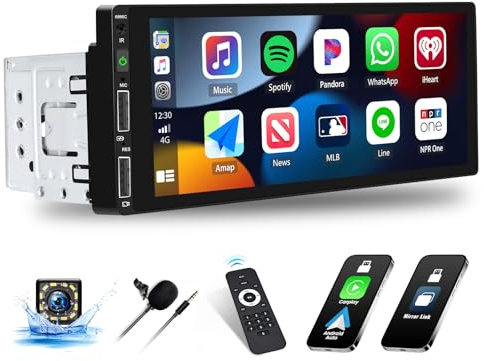6.86 Single Din Car Stereo with Apple CarPlay Android Auto, 1 Din Touch Screen Car Radio with Bluetooth 5.0 EQ Mirror Link FM Radio USB Input, Head Unit with Rear View Camera +Remote + MIC
