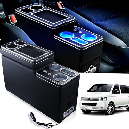 JINBZZON Mittelkonsole mit Ablagen Staufach kompatibel mit VW T4 T5 T6 T6.1 T7 2003-2019, Leder Zubehör mit USB, Blu LED-Leuchten und Zigarettenanzünder, Schwarz