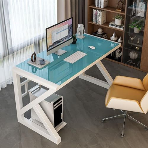 Modern Tempered Glass Computer Desk 120CM with Blue+White Frame Ideal for Gaming Writing and Study Home Office Essential
