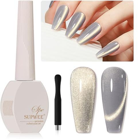 SUPWEE Gold Light Glitter Cat Eye Gel Nail Polish 15ML Cat Magnetic Gel with Magnet Soak Off UV/LED Holographic Velvet Cat Eye Gel Polish for Nail Art Salon DIY Home