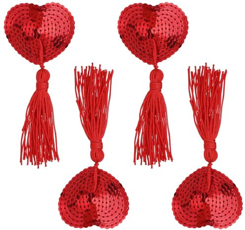 Dimeho Nippelpasten Nippel Cover mit Quasten Pailletten Pasties Nippelpads Herzförmig Nippelpad Rave Valentinstag Klebrige Nippel Aufkleber Brustwarzenabdeckung Dessous Brust Blütenblatt Pasty, Rot