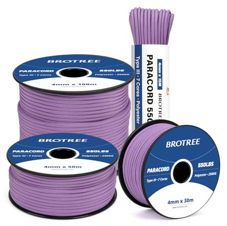 Brotree 550 Paracord 4mm 15m Corda 100% Poliestere Tipo III 7 Fili per Bracciale, All'Aperto, Campeggio, Sopravvivenza - Lilla Chiaro