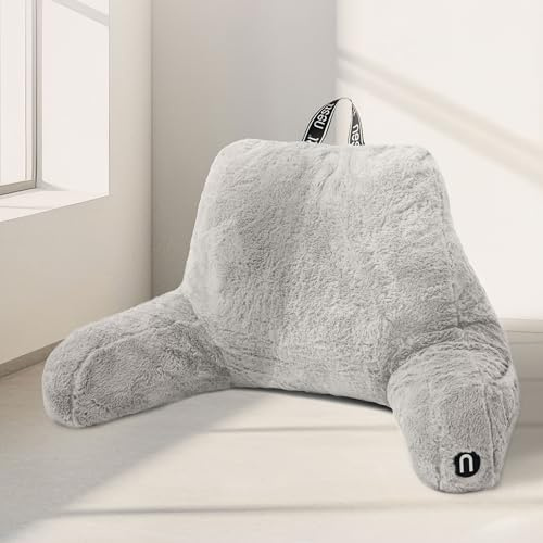 Nestl Fur Reading Pillow, Stylish Back Pillow for Bed Sitting Up, Faux Fur Bed Chair Pillow with Arms, Reading Pillows for Sitting in Bed Adult & Kids, Back Support Pillow for Bed Rest - Light Grey