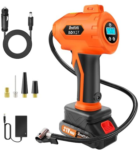 Tyre Inflator Air Compressor, 21V Battery and 12V DC Cable Inflatable 180PSI Max Powered Portable Pump with Digital Pressure Gauge for Cars Motorcycles Bicycles Balls, Orange