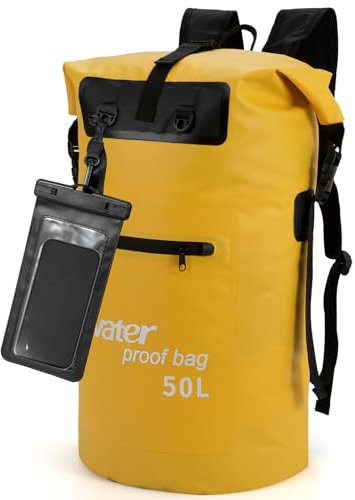 WELDUN Wasserdichter Rucksack 35L/50L Waterproof Rolltop Rucksack Dry Bag mit IPX8 Handyhülle, für Kajak, Kanu, Camping, Trekking, Wandern, Segeln oder andere Wassersportarten 50L Gelb