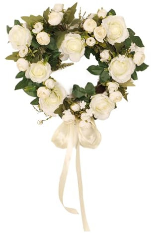 Spring Floral Wreath, Heart Shaped Rose Wreath, Artificial Flower, Design with Roses, Outdoor Floral Decoration for Front Door, Home, Indoor, Travel, Champagne, White