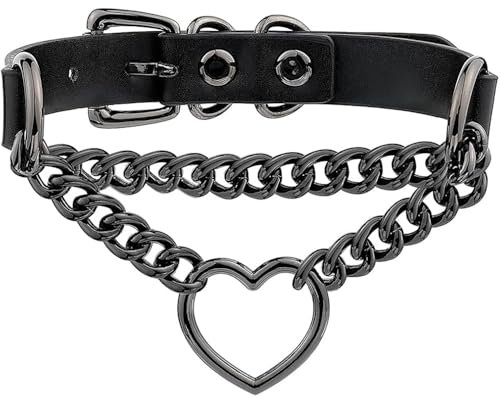 Collier ras du cou en cuir pour entraînement de yoga, jouets pour couple, jeux de chambre à coucher, ras du cou réglable fait à la main avec anneau en métal en forme de cœur (Longue chaîne noire)