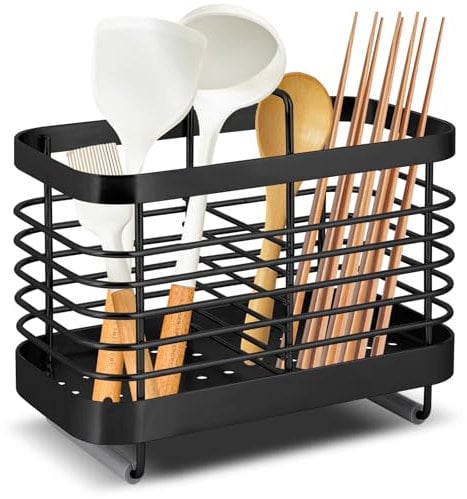 Simpcozy Stainless Steel Utensil Holder, Cutlery Organizer - Rust-Resistant Sink Drainer Caddy with 2 Compartments, Kitchen Sink Tidy for Utensils Storage (Black)