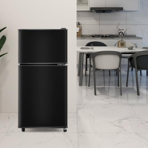 Merax Retro-Kühlschrank mit Gefrierfach, mit 60 Liter Gesamtvolumen, 22 Liter Gefriervolumen, 38 Liter Kühlvolumen, LED-Licht, Zwei Fächer, 102 kWh/Jahr, Erhältlich in Schwarz