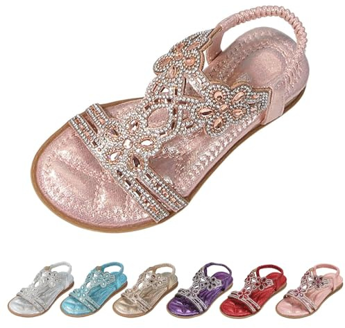 Sandaler, barn, flickor, glitter, strandskor, prinsesskor, platta, glitterskor, sommarskor, boho, bekväma sandaler med strass, halkfria sandaler, glitterskor för flickor, storlek 26–36, Vit 12, 32 EU