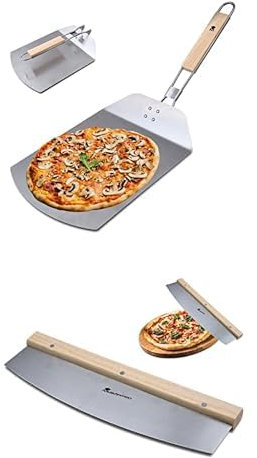 Conjunto MasterPRO Foodies - Pala para Pizza & Cortador | Pala de Acero Inoxidable (57.8 x 24.3 x 3.4 cm) con Mango de Goma Color Madera + Cortador de Pizza de Acero Inoxidable (35x10x2 cm)