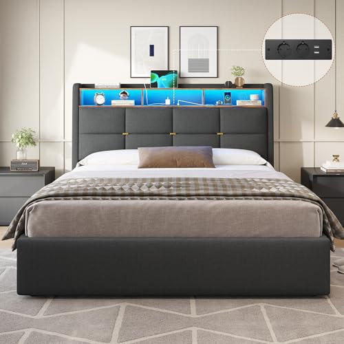 DICTAC Lit 160 x 200 avec Sommier à Lattes et Rangement Hydraulique,Lit Coffre 160x200 avec Lumières LED et Prise,lit Double en Lin avec Tete de Lits,Lits 2 Place Rembourré,Gris Foncé-sans Matelas