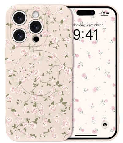 Micoden Flower Case for iPhone 15 Pro Compatible with Magsafe-White | Cute Vintage Rose Flower Floral Aesthetic Silicone Cover,Slim Soft TPU Shockproof Protective Magnetic Phone Case for Girls