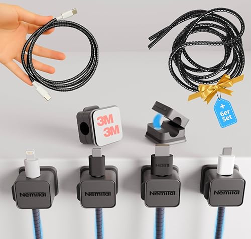 [6 Stück] NemiTal Kabelhalter Kabelclips, starker Kleber, Kabelhalter selbstklebend, Anpassbar, Magnetische Kabelmanagement, +6 Stück Kabelspirale, Kabelorganizer Set für Schreibtisch, HDMI, Ladekabel