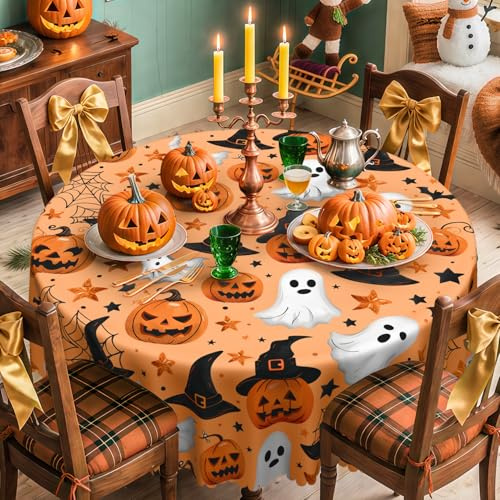 iEvery Halloween Tischdecke Rund 150 Abwaschbar, Halloween Kürbis Fledermaus Geist Deko Outdoor, Gartentischdecke Wetterfest Polyester Outdoor Table Cloth für Garten Küche Party