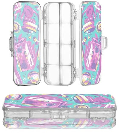 sanluoli Vintage 90s Boombox Headphones Colorful Clear Pencil Box Double-Deck Hard Boxes Pens Case For Kids With Snap Lid