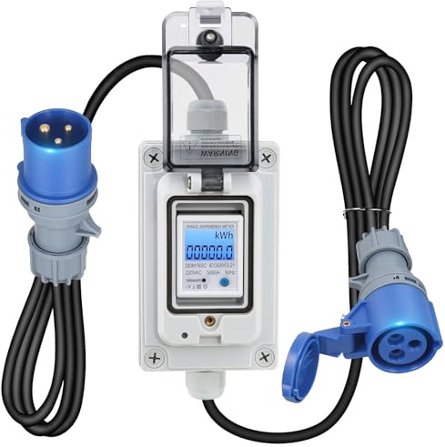 Mobile Digital Electricity Meter 230V 16A with Leakage Protection, IP67 Waterproof & Power-Off Memory – Energy Monitor for Motorhomes, EVs, Boats, Outdoor/Indoor Use
