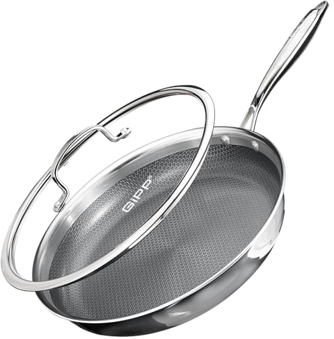 GiPP Padella in Acciaio Inossidabile Triplo Strato 26cm con Coperchio | Rivestimento Antiaderente a Nido d'Ape, Compatibile con Induzione, Gas, Elettrico, Sicura per Forno, Per Rosolare Friggere