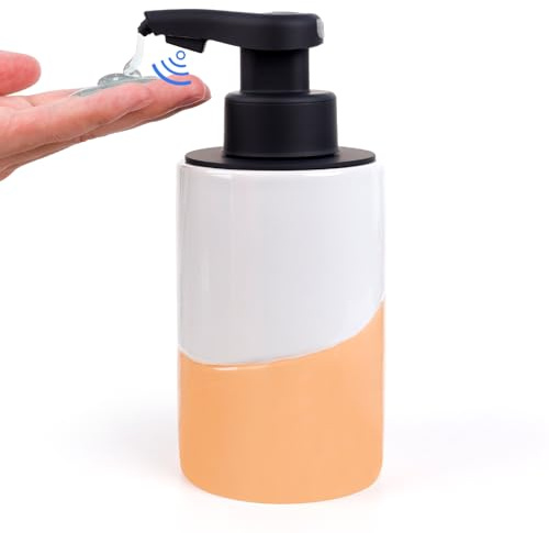 Bosilunlife Seifenspender Automatisch, 300ml Elektrischer Seifenspender mit Sensor Infrarot, No Touch Sensor, USB Wiederaufladbar für Küchen, Bad, Hotel (Weiß-Orange)