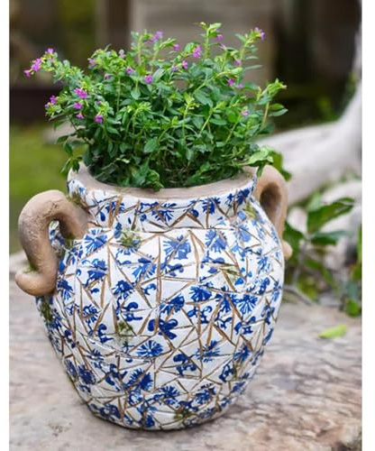 Maceta de cerámica de porcelana pintada a mano, diseño floral azul y blanco con agujero de drenaje, maceta decorativa de jardín para el hogar y la oficina