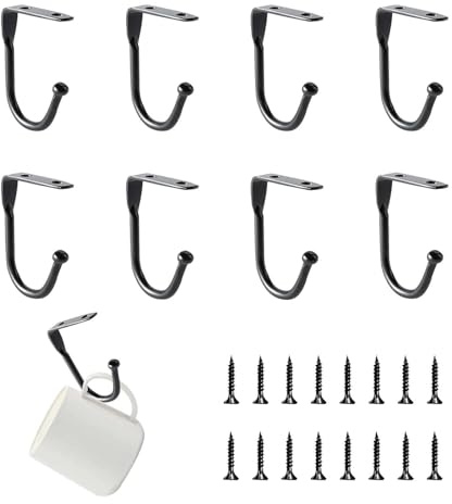 JIUCHAOTONG 8 Pcs Black Cup Hooks, Mug Hooks Under Cabinet, Metal Mug Holder Under Cabinet, with M4×16 Black Screw, for Storing Kitchen Utensils Frying Pans Coffee Cups