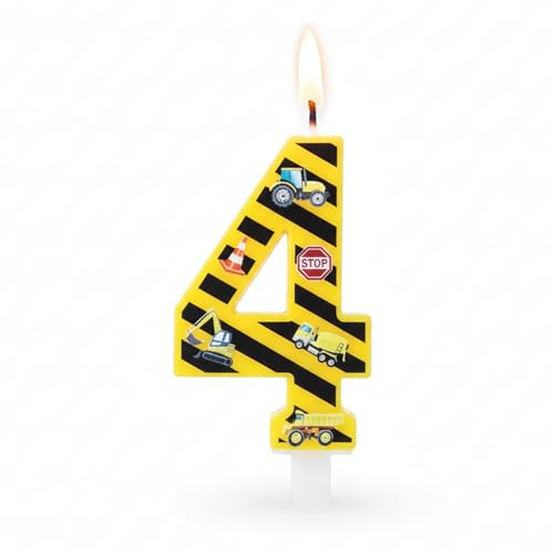 ZingBox Baustellen Geburtstagskerzen Zahlen 4, Bagger Zahlenkerze 4 Geburtstag Junge, Baustelle Geburtstagsdeko Kerzen 4, Traktor 4 Geburtstagskerzen, Tortendeko Kerze Zahl 4 für Bagger Baustellen