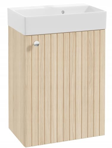 DomoDomo – Waschbecken mit Unterschrank 50 cm hängend – Badezimmerschrank mit Waschbecken kompakt – Waschtisch mit Unterschrank Gäste-WC modern – Waschbeckenunterschrank Holzoptik Eiche Vicenza