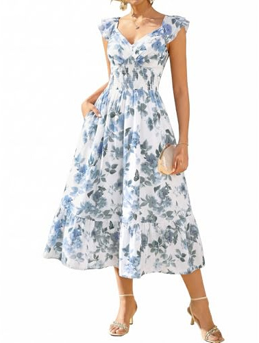 GRACE KARIN Ruffle Sleeves Floral Summer Chiffon Dresses Wedding Guest
