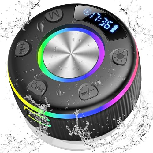 Cassa Bluetooth Doccia, Cassa Doccia Bluetooth 5.3 con Luce RGB, Ventosa Potente, IP7 Impermeabile Speaker Bluetooth con 8 Ore 360° Stereo, Chiamata Senza Mani, Altoparlante per Bagno Piscina Viaggi