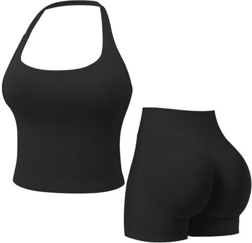 MAYROUND Womens Workout Sets Gym Outfits 2 Pieces Seamless Longline Halter Backless Crop Top Scrunch Bums Shorts Yoga Tracksuit