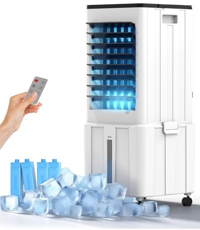 MoraRise Portable Air Conditioner, 3 IN 1 Evaporative Air Cooler Fan with Remote & LED Display, 3 Speeds, 4 Modes, 12L Removable Tank, 4 Ice Packs, 12H Timer for Home Bedroom Office (White, 12L)