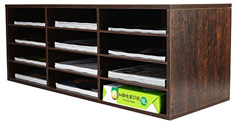PAG 12 Compartments Office Countertop Letter File Tray, Wooden A4 Paper Storage Organiser Desk Trays Stackable for Office Home School,Brown