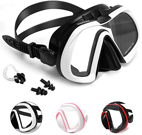 HIKOTEY - Occhiali da immersione, unisex, con anti appannamento, anti-perdite e protezione UV, con tappi per le orecchie e clip per il naso, grande campo visivo per uomini, donne, ragazzi