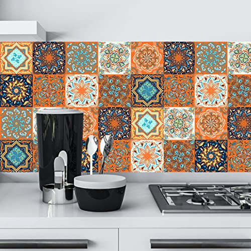 LWLFC Kitchen Tile Stickers 15cm x 15cm Burnt Orange Mandala, Modern Style, Waterproof, Vinyl, Self-Adhesive, Wall & Furniture, Adults & Homeowners/Renters