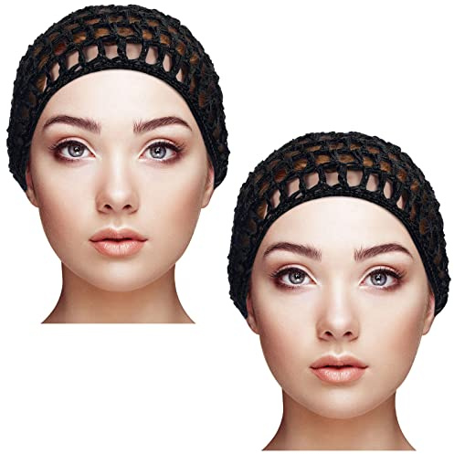 Geyoga 2 Pcs Mesh Hair Net Rayon Crochet Snood Sleep Caps, Black