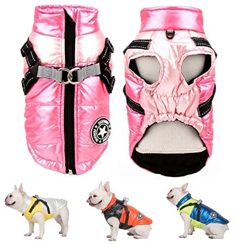SMALLLEE_LUCKY_STORE Pet Colorblock Sport Waterproof Winter Jacket Vest with Harness D-ring for Small Medium Dog Cat Zip-up Padded Puppy Coat Chihuahua Yorkie French Bulldog Warm Clothes,Pink,M