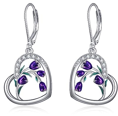 YFN Tulpen Ohrringe für Frauen Silber purpur, violett Tulpen Ohrringe für Mädchen Leverback Hand Ohrringe (heart)