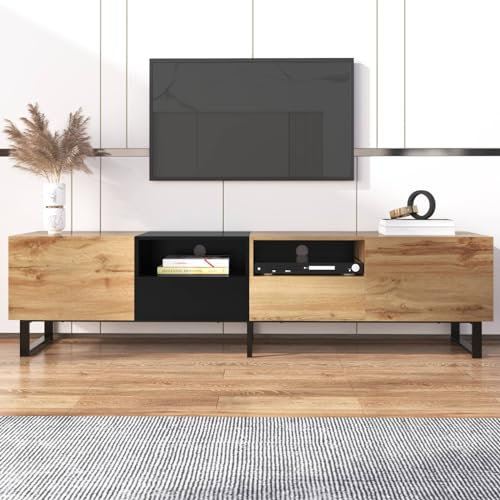 KOMHTOM Commode noire et couleur bois - Meuble TV avec quatre compartiments de rangement et deux tiroirs - Armoire polyvalente moderne et élégante pour salon, chambre à coucher et bureau (A)