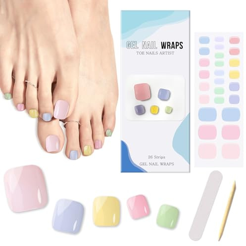 26 Piezas Pegatinas Esmalte Uñas de Los Pies Semicurado, Tiras Uñas de Los Pies de Gel Multicolor Pegatinas Uña Pie Adhesiva, Full Cover Nail Art Stickers para Mujere Niña (Aurora Macarrón)
