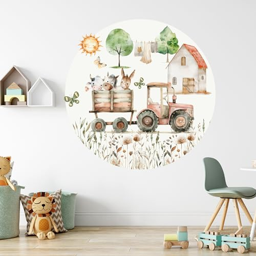 GRAZDesign Wandtattoo Bauernhof XXL rund Wandsticker Kinderzimmer Jungen Trecker Traktor Tiere Wandaufkleber - 81x80cm