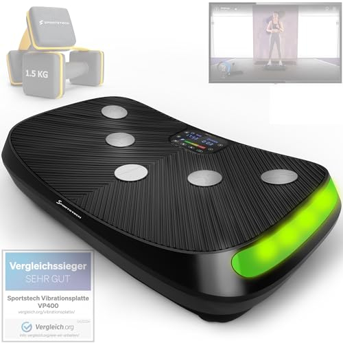 Sportstech 4D Vibrationsplatte VP400 im Curved Design, Deutsche Qualitätsmarke, Color Touch Display, LED Technologie, Trainingsbänder (VP400 +AH100 1,5kg)