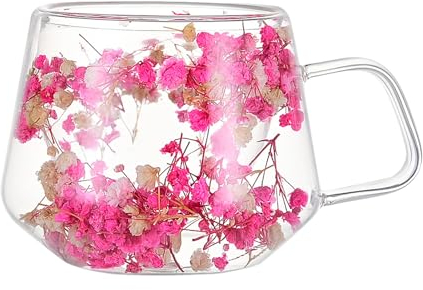 ohfruit Taza de cristal transparente con aislamiento de doble pared de 200 ml, con asa de flores preservadas, taza de café real con funda protectora y funda, rosa, 200 ml