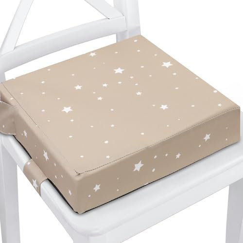 Rehausseur chaise enfant 32 x 32 x 8 cm - Coussin réhausseurs chaises haute pour enfants voyage e maison Réhausseur en mousse avec taie d'oreiller lavable Beige avec étoiles blanches