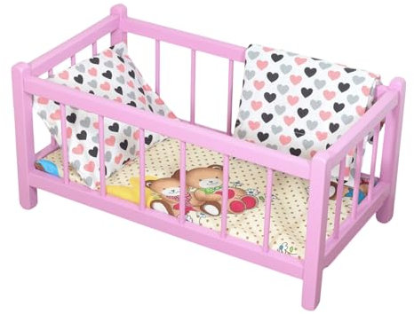 Puppenbett aus Holz | 49,5cm x27cm | ROSA mit Matratze und kleinen Herzen Bettwäsche